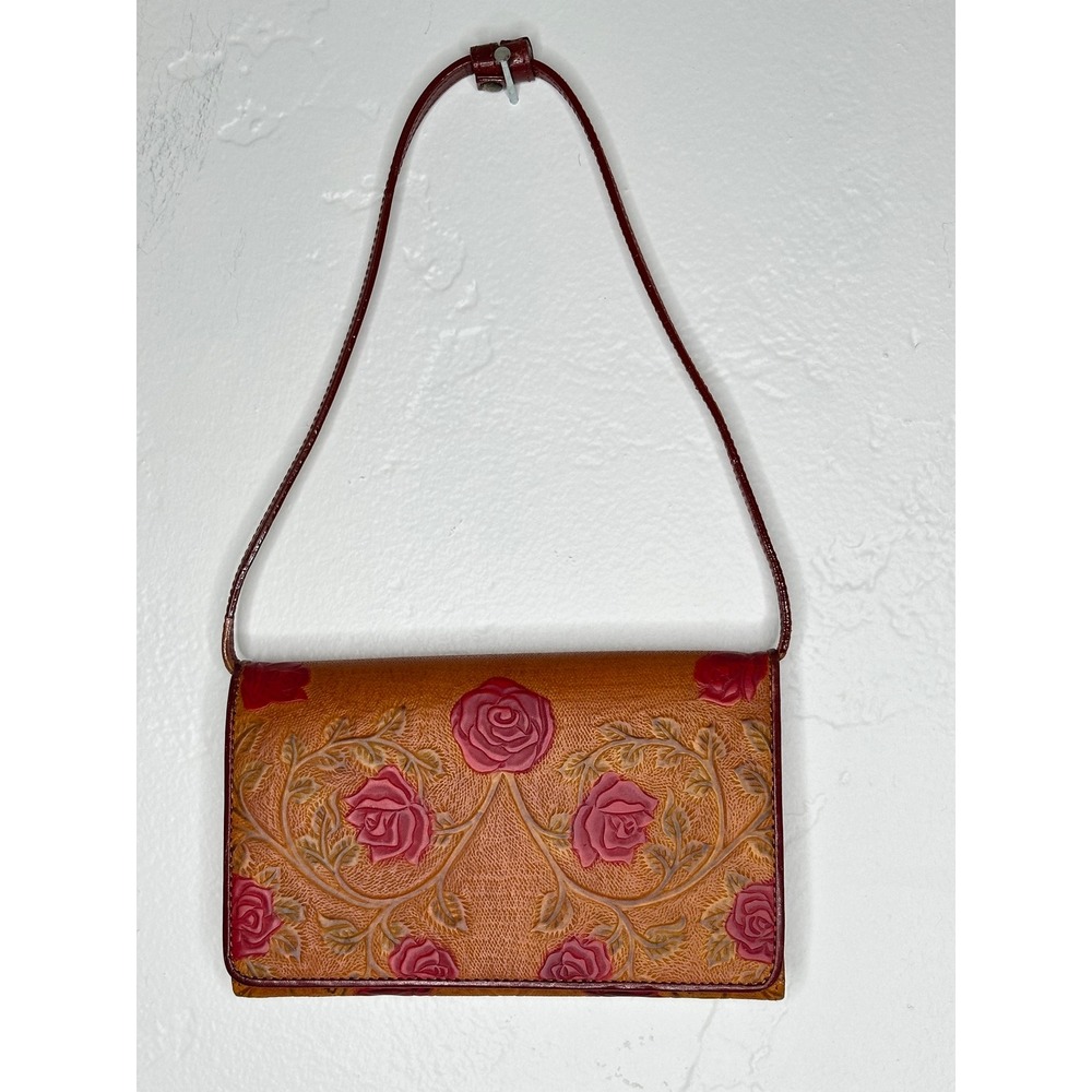 Isabella Fiore Tooled Leather Rose Floral Wallet Shoulder Bag Tan Red Adjustable